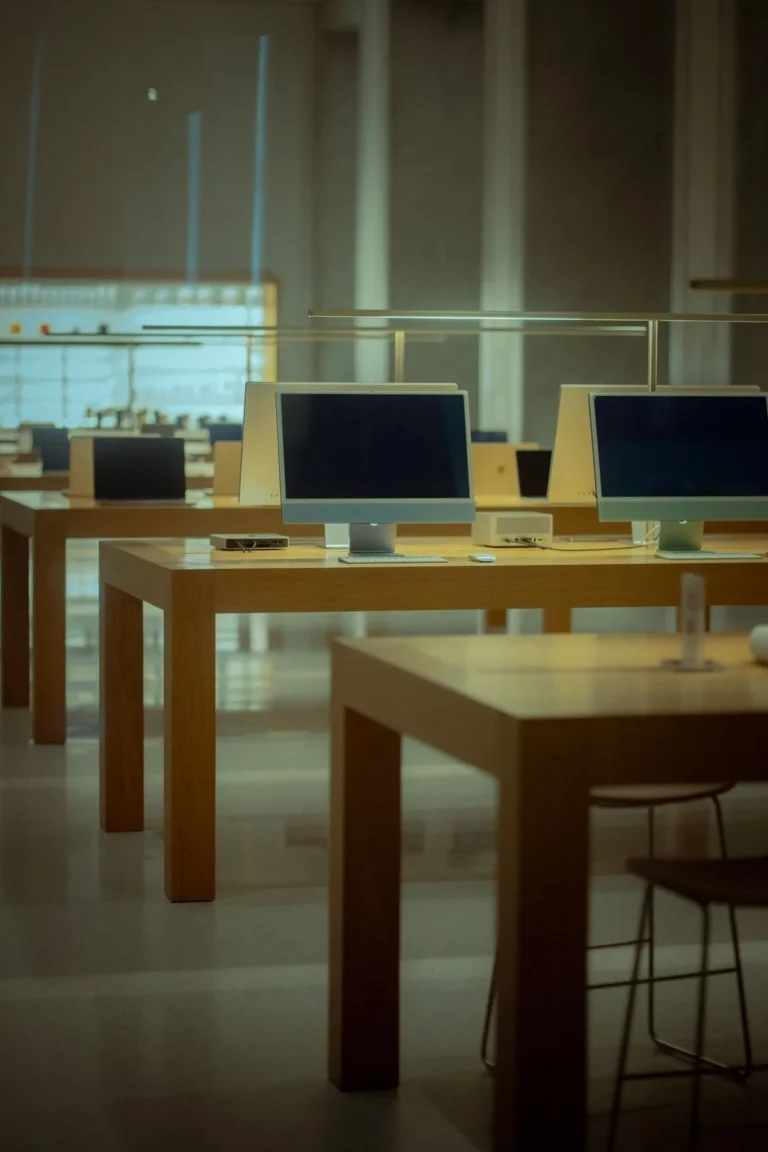 Showroom interior with wooden display tables and equipment