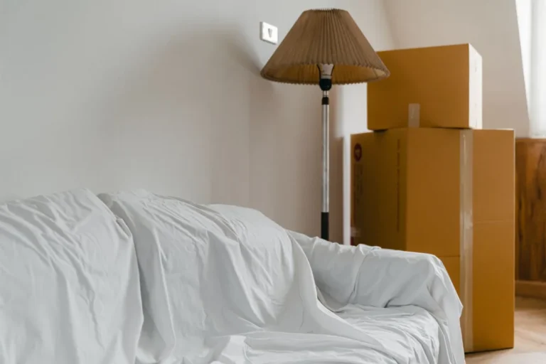 Packed cardboard boxes and a sheet-covered sofa in a bright empty room