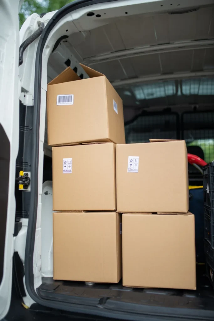 Stacked cardboard boxes inside the back of an open van