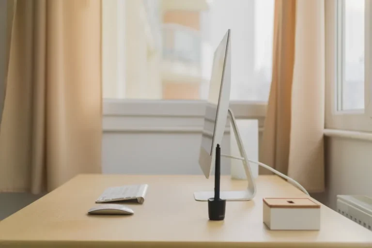 A tidy office desk and workspace beside a window