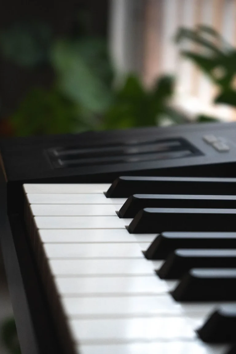 Piano keyboard in a bright room beside house plants