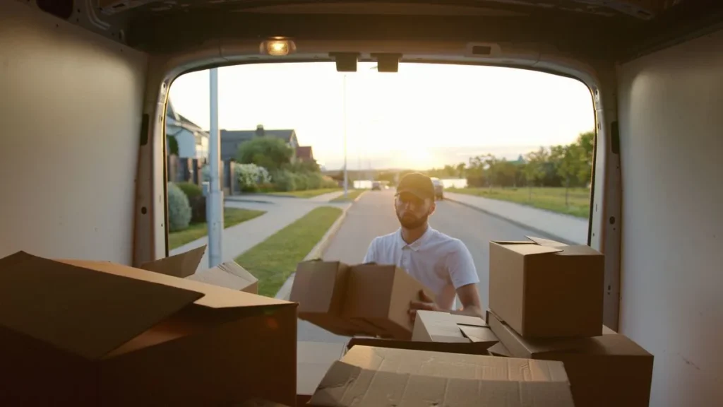 Cardboard boxes being unloaded from the back of a van outside a house