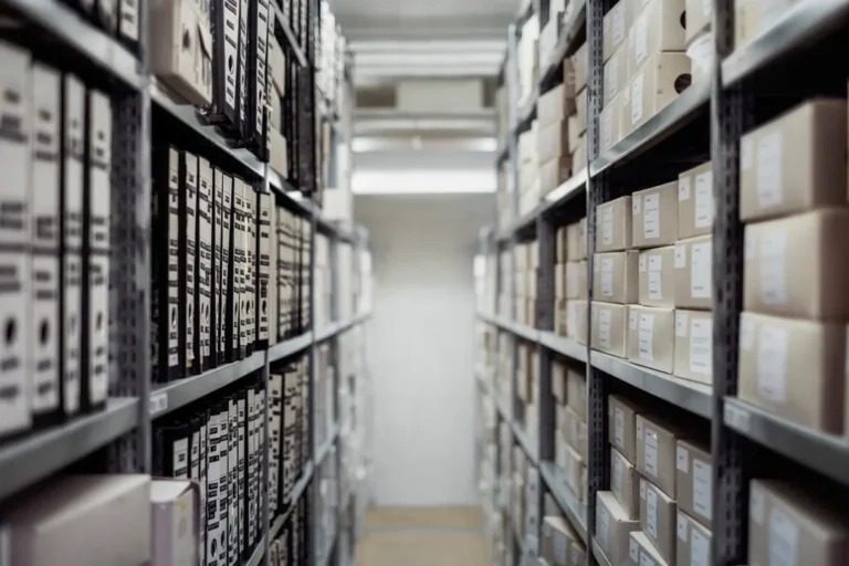 Boxes and files stored on tall warehouse shelving